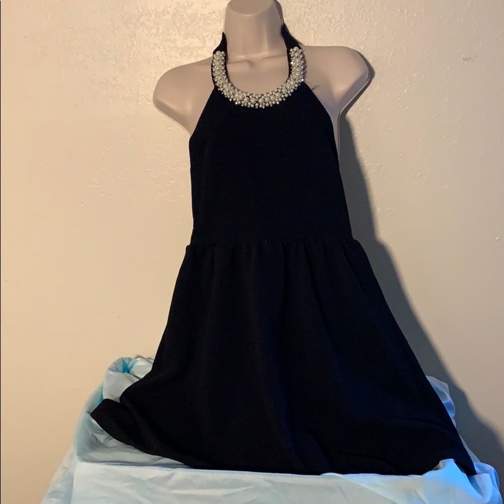 Black mini cocktail dress pearl halter neckline